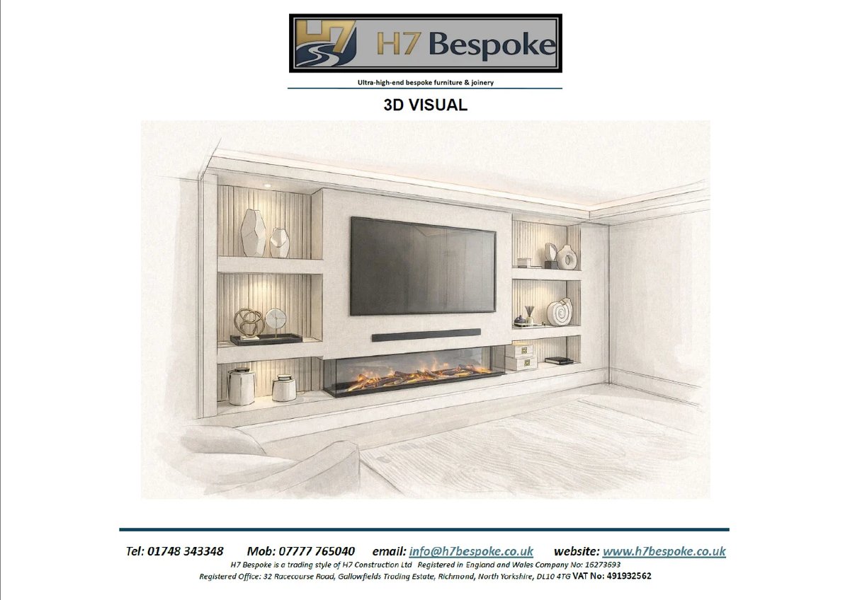 3D rendering of a built-in wall unit with TV, fireplace, shelving, and storage cabinets in a modern living room design