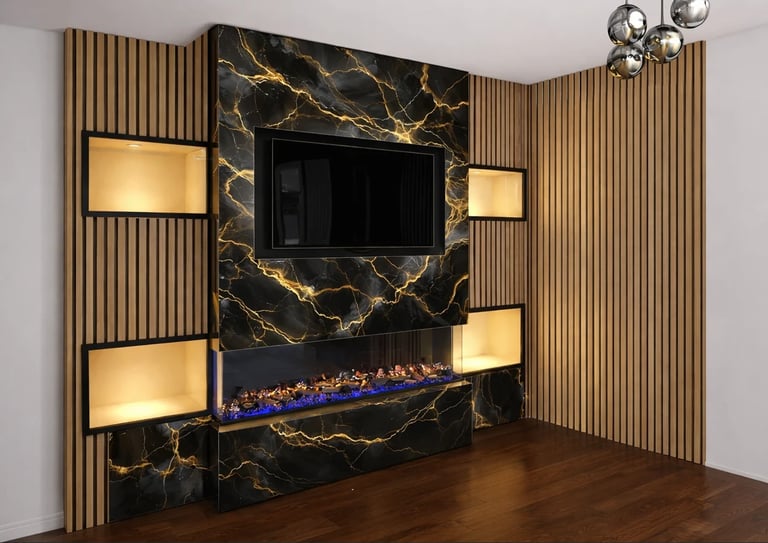 Modern home entertainment center with black marble backdrop, wall-mounted TV, illuminated shelving, electric fireplace, and wooden flooring