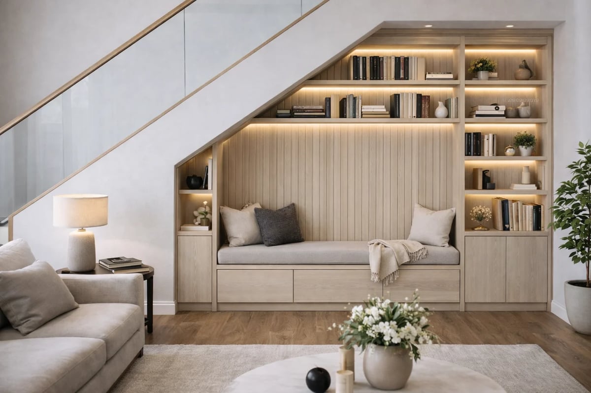 Modern under-stair nook with built-in cushioned bench, surrounding shelving, wooden flooring, and natural light from stairs