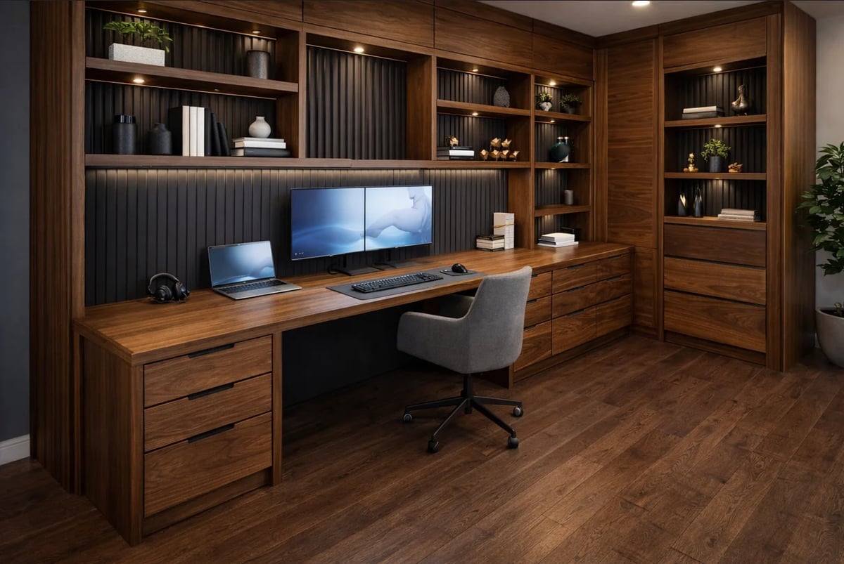 Modern home office with wooden cabinetry, dual monitors, office chair, and built-in shelving with decorative items