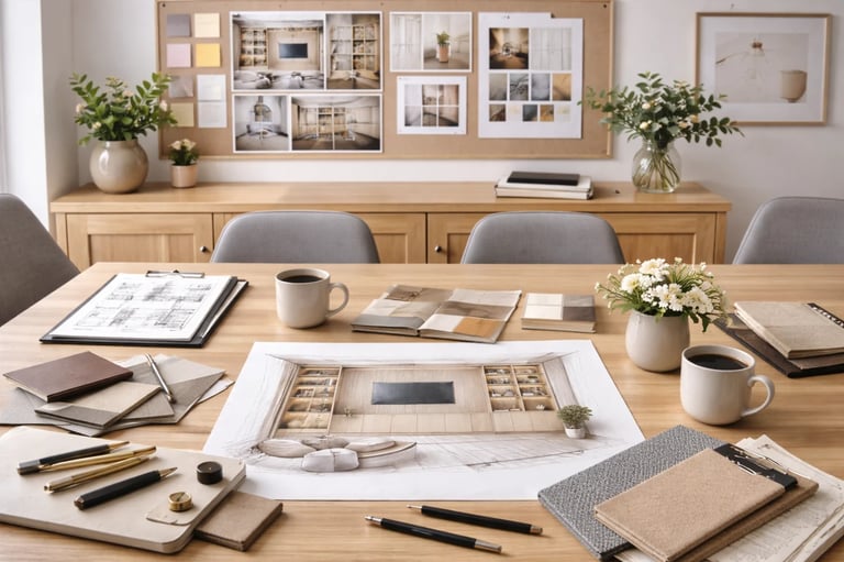 Interior designers workspace with wooden desk covered in architectural plans, sketches, and design materials, moodboards on wall behind