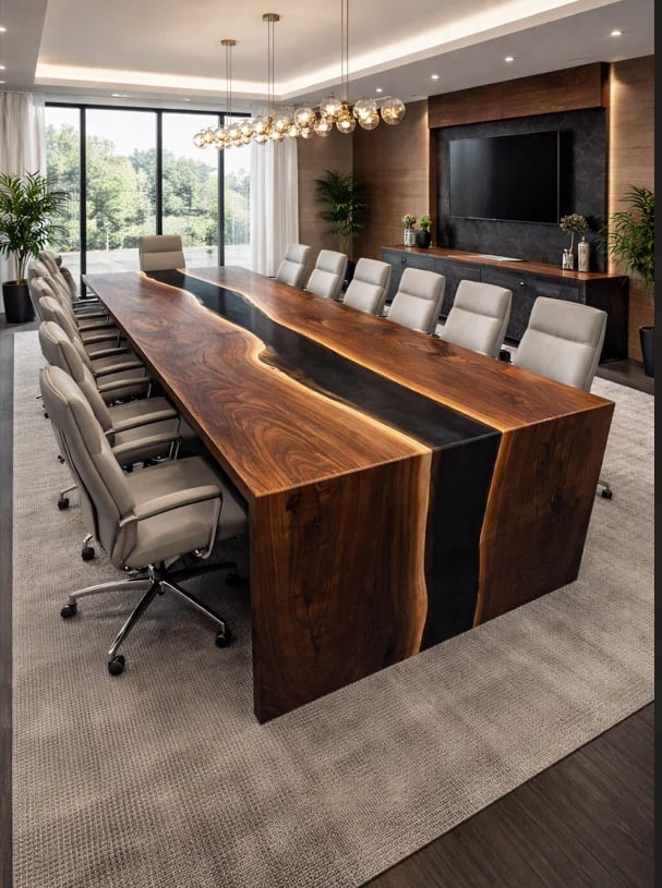 Modern conference room with a large wooden live-edge table, beige upholstered chairs, pendant lighting, wall-mounted TV, and floor-to-ceiling windows overlooking nature