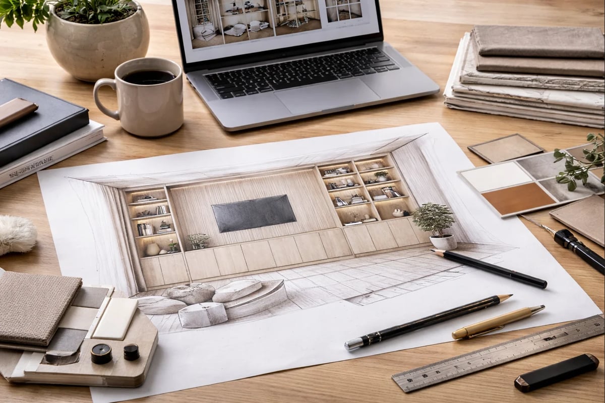 Interior designer workspace with architectural floor plan, sketches, laptop, coffee mug, and design materials on wooden desk