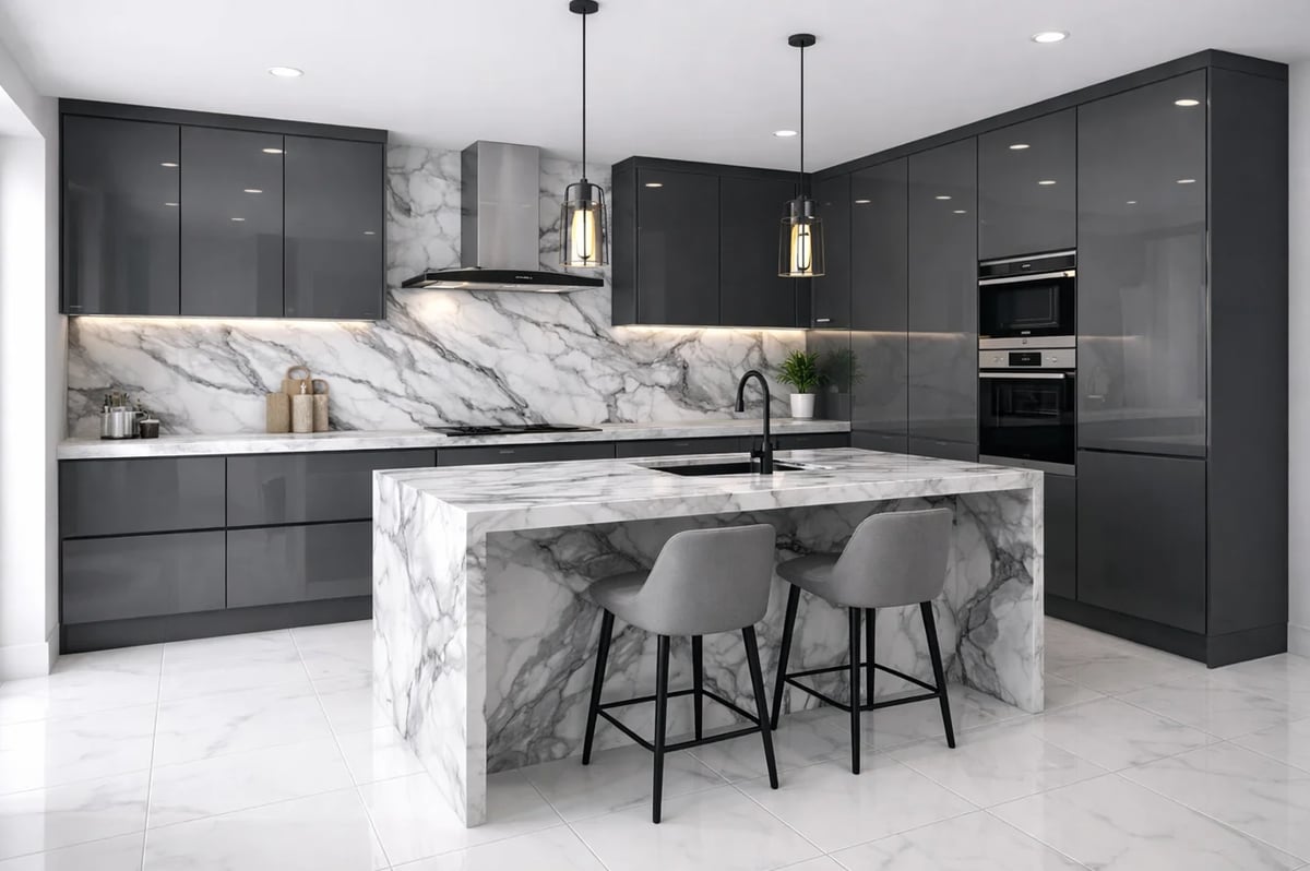 Modern kitchen with dark gray cabinetry, marble island and backsplash, gray bar stools, and stainless steel appliances