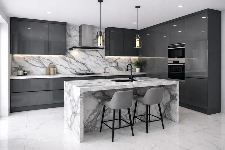 Modern kitchen with dark gray cabinetry, marble island and backsplash, gray bar stools, and stainless steel appliances