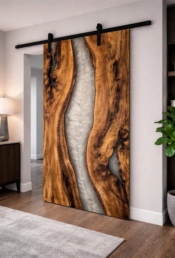 Modern sliding barn door with wood and concrete design on black metal track, leading to hallway in contemporary home interior