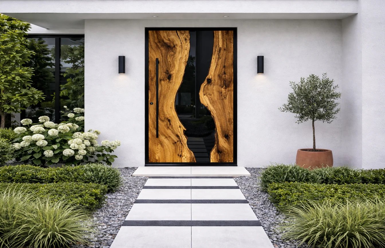 Modern white house entrance with wooden black-and-gold abstract door art, flanked by white flowers, ornamental grasses, and a small potted tree