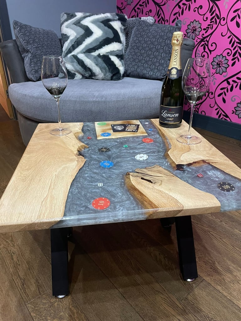 Modern living room with wood and resin coffee table