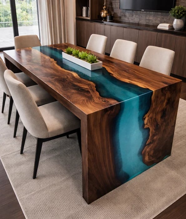 Dining table with turquoise resin